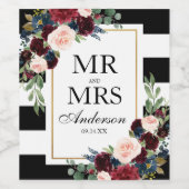 Burgundy Blue Floral Schwarz-weiß gestreift Weinetikett (Einzelnes Label)