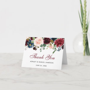 Burgundy Blue Floral Wedding Dankeschön Karte