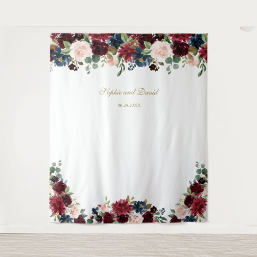 Burgundy Blue Floral Wedding Foto Stand Hintergrun Wandteppich (Vorderseite)