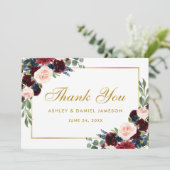 Burgundy Blue Floral Wedding Gold Dankeskarte (Stehend Vorderseite)
