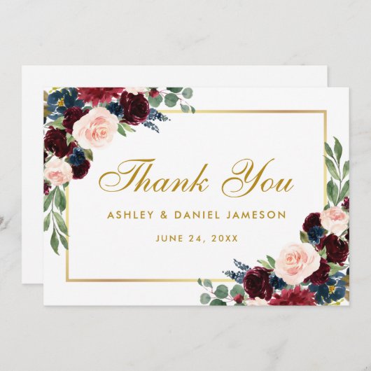 Burgundy Blue Floral Wedding Gold Dankeskarte (Vorne/Hinten)