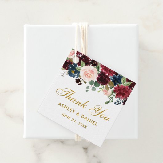 Burgundy Blue Floral Wedding Gold Vielen Dank Geschenkanhänger (Beispiel)