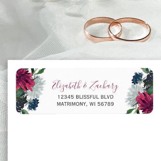 Burgundy Blue Floral Wedding Rücksendeadresse