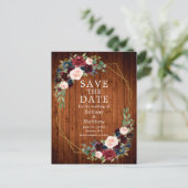 Burgundy Blue Floral Wood Geo Frame Save the Date Postkarte (Stehend Vorderseite)
