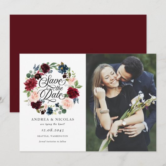 Burgundy & Blue Floral Wreath Foto Save the Date (Vorne/Hinten)