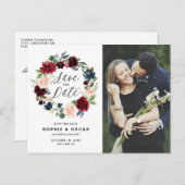 Burgundy & Blue Floral Wreath Foto Save the Date Ankündigungspostkarte (Vorne/Hinten)