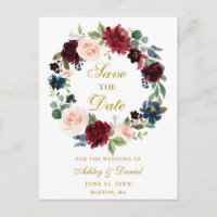 Burgundy Blue Floral Wreath Gold Save the Date
