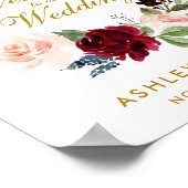 Burgundy Blue Floral Wreath Gold Wedding Willkomme Poster (Ecke)