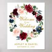 Burgundy Blue Floral Wreath Gold Wedding Willkomme Poster (Vorne)