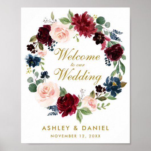 Burgundy Blue Floral Wreath Gold Wedding Willkomme Poster (Vorne)