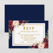 Burgundy Blue Gold Floral Wedding RSVP Karte (Vorne/Hinten)