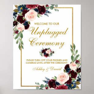 Burgundy Blue Gold Floral Wedding Unplugged Poster