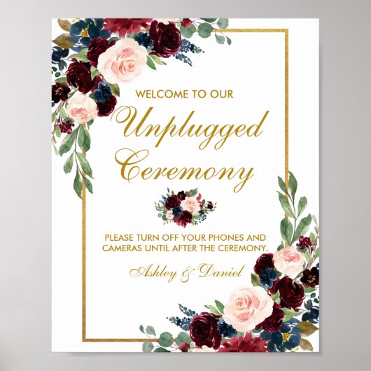 Burgundy Blue Gold Floral Wedding Unplugged Poster (Vorne)