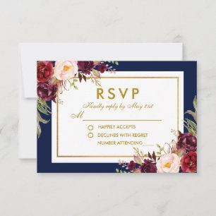 Burgundy Blue Gold Watercolor Floral Wedding RSVP Karte