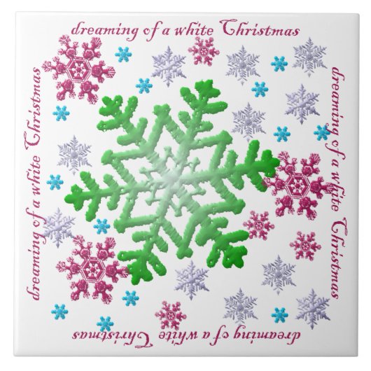 Burgundy Blue Green & Silver Snowflakes Fliese (Vorderseite)