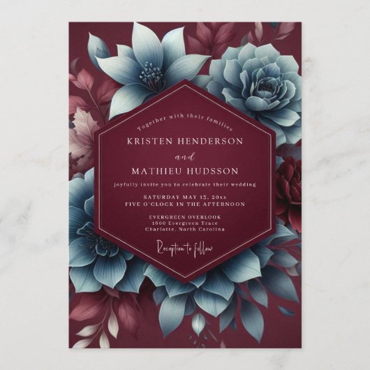 Burgundy & Blue Moody Bloom Wedding Einladung (Vorderseite)