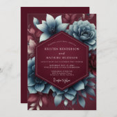 Burgundy & Blue Moody Bloom Wedding Einladung (Vorne/Hinten)