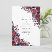 Burgundy Blue Painterly Bloom Wedding Einladung (Stehend Vorderseite)