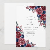 Burgundy Blue Painterly Bloom Wedding Einladung (Vorne/Hinten)