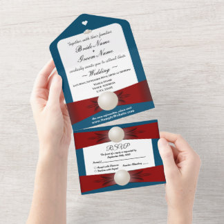 Burgundy & Blue Pearl Ribbon Wedding & UAWG All In One Einladung