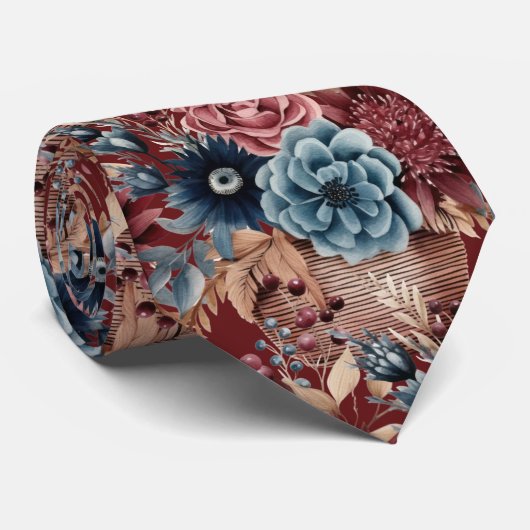 Burgundy Blue Periwinkle Blush Pink Floral Krawatte (Gerollt)