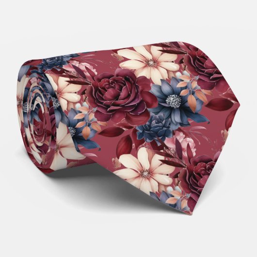 Burgundy Blue Periwinkle Blush Pink Floral Krawatte (Gerollt)