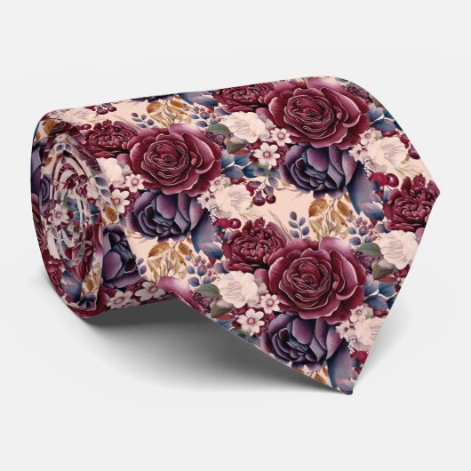 Burgundy Blue Periwinkle Blush Pink Floral Krawatte (Gerollt)