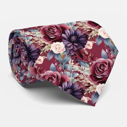 Burgundy Blue Periwinkle Blush Pink Floral Krawatte (Gerollt)