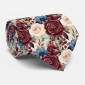 Burgundy Blue Periwinkle Cream Floral Krawatte (Gerollt)