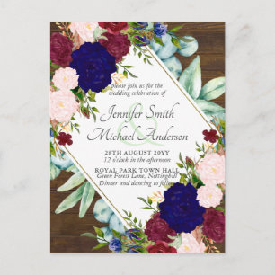 Burgundy Blue Pink Floral Rett Date Wedite Einladu Postkarte