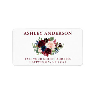 Burgundy Blue Pink Floral Wedding Rücksendeadresse Adressaufkleber