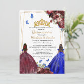 Burgundy & Blue Royal Butterfly Twin Quinceanera Einladung (Stehend Vorderseite)