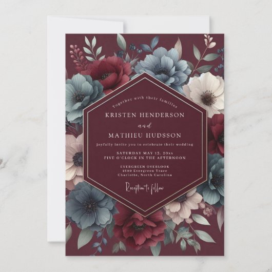 Burgundy & Blue Shadowy Bloom Wedding Einladung (Vorderseite)