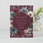 Burgundy & Blue Shadowy Bloom Wedding Einladung (Stehend Vorderseite)
