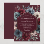 Burgundy & Blue Shadowy Bloom Wedding Einladung (Vorne/Hinten)