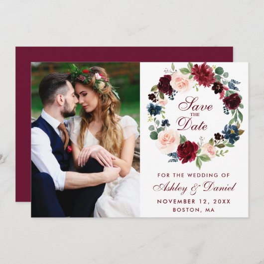 Burgundy Blue Watercolor Blumenzeremonie B Save The Date (Vorne/Hinten)