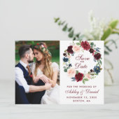Burgundy Blue Watercolor Blumenzeremonie Save The Date (Stehend Vorderseite)