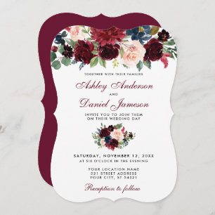 Burgundy Blue Watercolor Floral Elegante Hochzeit Einladung