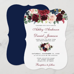 Burgundy Blue Watercolor Floral Elegante Hochzeit Einladung