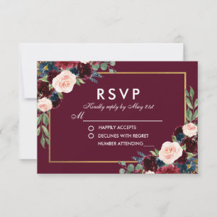 Burgundy Blue Watercolor Floral Gold Wedding RSVP Karte