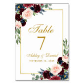 Burgundy Blue Watercolor Floral Gold Wedding Tischnummer (Rückseite)