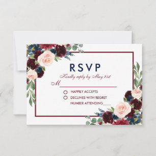 Burgundy Blue Watercolor Floral Wedding RSVP