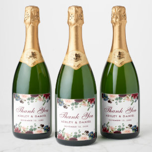 Burgundy Blue Watercolor Floral Wedding Schaumweinetikett