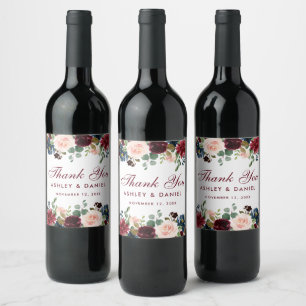 Burgundy Blue Watercolor Floral Wedding Weinetikett