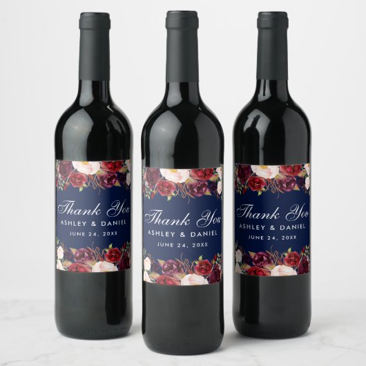 Burgundy Blue Watercolor Floral Wedding Weinetikett (Flaschen)