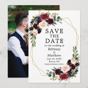 Burgundy Blue Watercolor Geo Frame Foto Save The Date