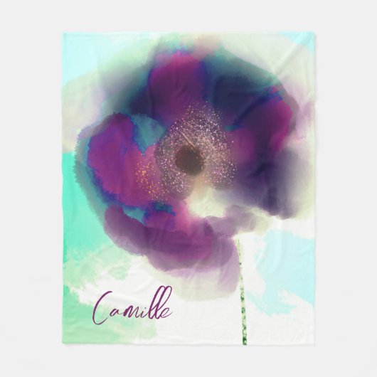 Burgundy Blue Watercolor Poppy Floral Monogram Fleecedecke (Vorderseite)
