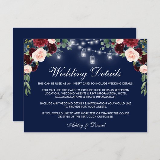 Burgundy Blue Wedding Details Beilage Karte B (Vorne/Hinten)