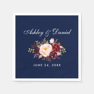 Burgundy Blue Wedding Watercolor Floral Serviette