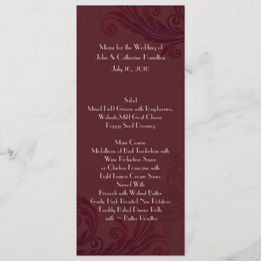 Burgundy Blüh Skinny Wedding Table Menu Menükarte (Vorderseite)